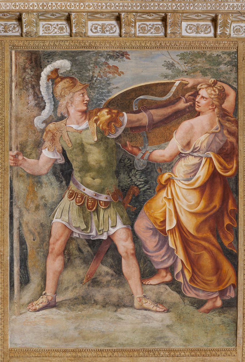 Thetis übergibt Achilles die von Hephaistos (Vulkan) geschmiedeten Waffen, Das Trojanische Pferd, Kammer von Troja (Sala di Troia) von Giulio (and workshop) Romano