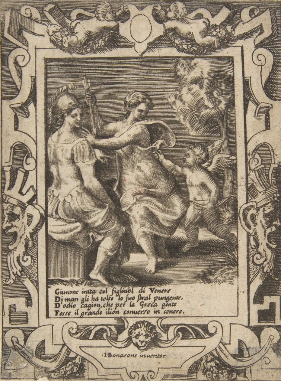 Athena sitzt neben Juno, die Cupidos Pfeile weggenommen hat, in einem aufwendigen Rahmen, 1531-76 von Giulio Bonasone