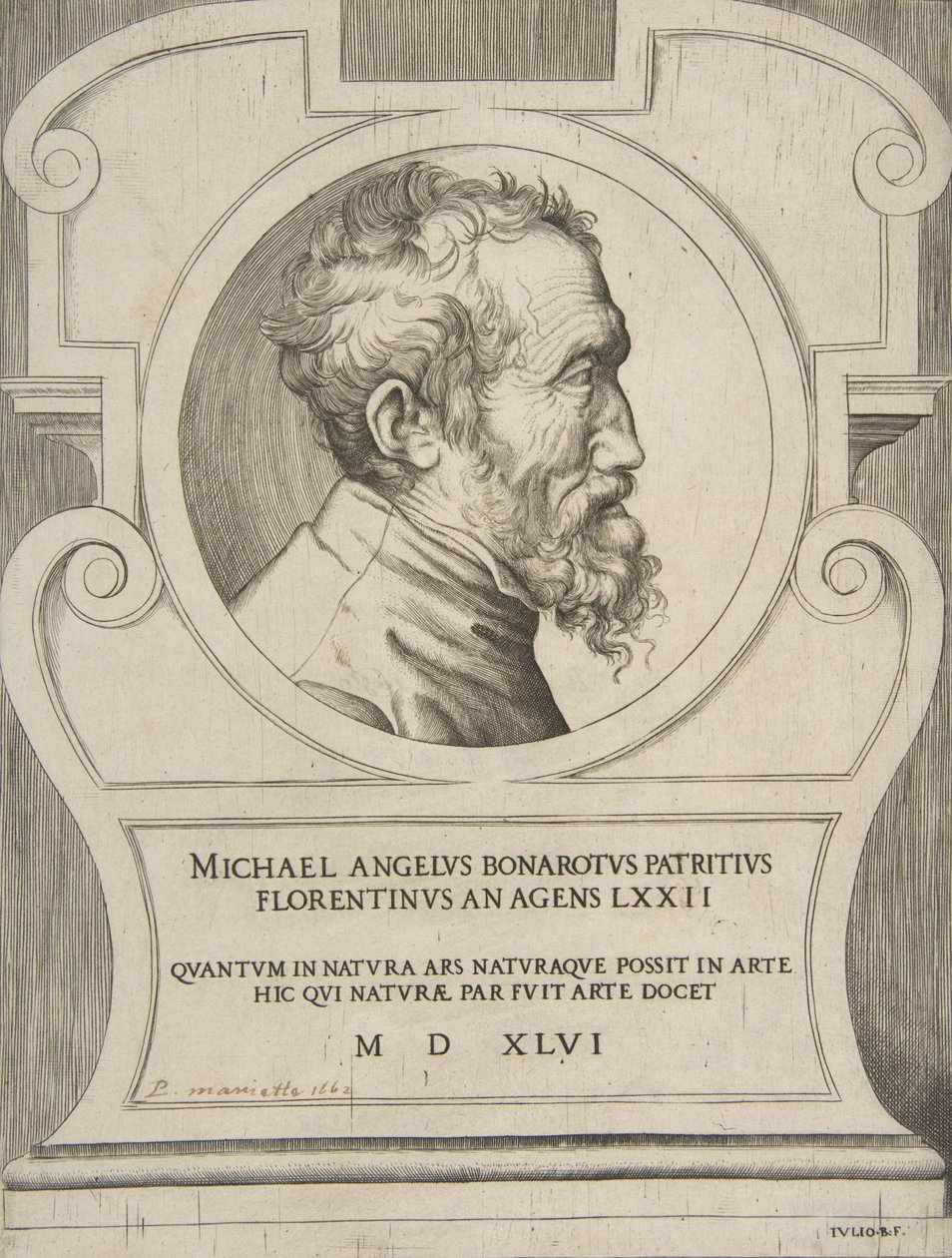 Büste von Michelangelo nach rechts gewandt, in einer Kartusche, 1546 von Giulio Bonasone