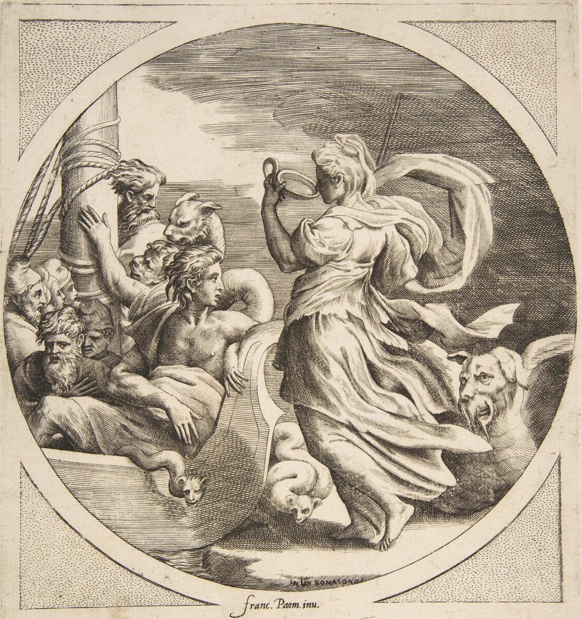 Circe trinkt aus einem Becher mit den Gefährten des Odysseus in einem Boot links, ein Kreis, 1531-1576 von Giulio Bonasone