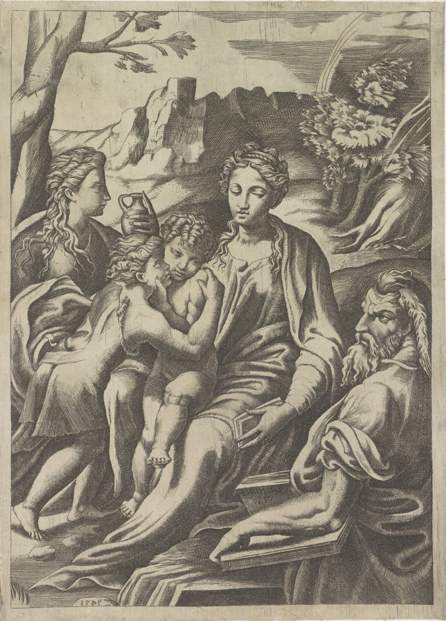 Heilige Familie mit dem jungen Johannes dem Täufer und Maria Magdalena von Giulio Bonasone