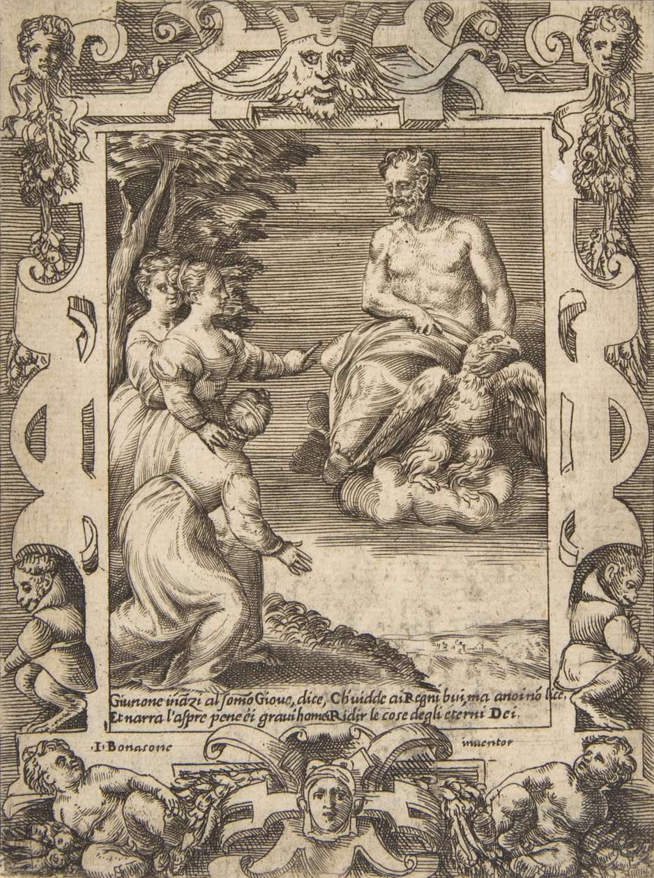 Juno links bittet Jupiter, den Griechen zu helfen, in einem aufwendigen Rahmen, 1531-76 von Giulio Bonasone