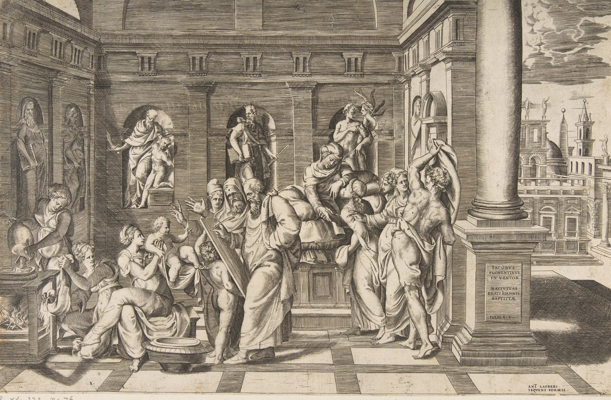 Die Geburt des Heiligen Johannes des Täufers in einem klassischen Gebäude, ca. 1531-76 von Giulio Bonasone