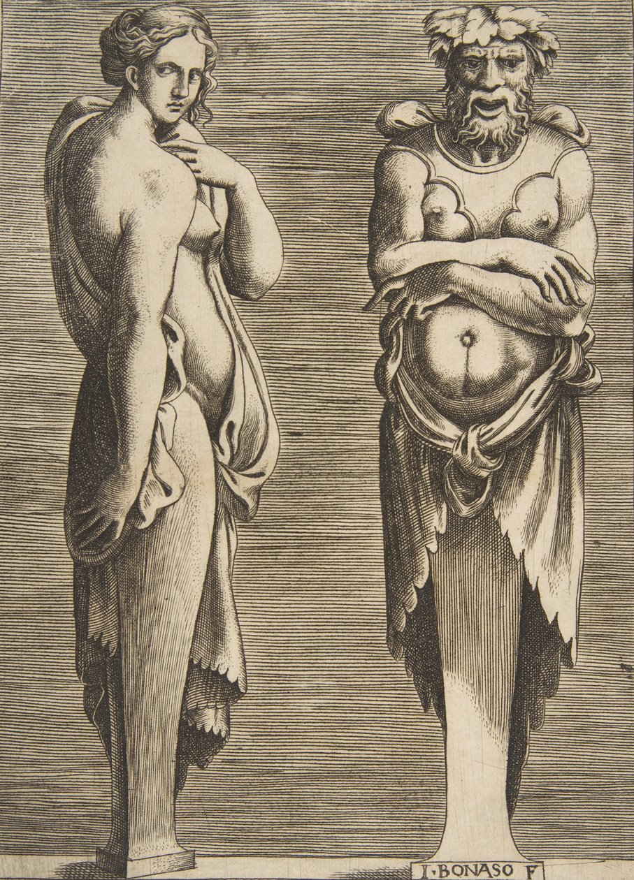 Zwei Figuren, eine Nymphe links und Silvanus rechts von Giulio Bonasone