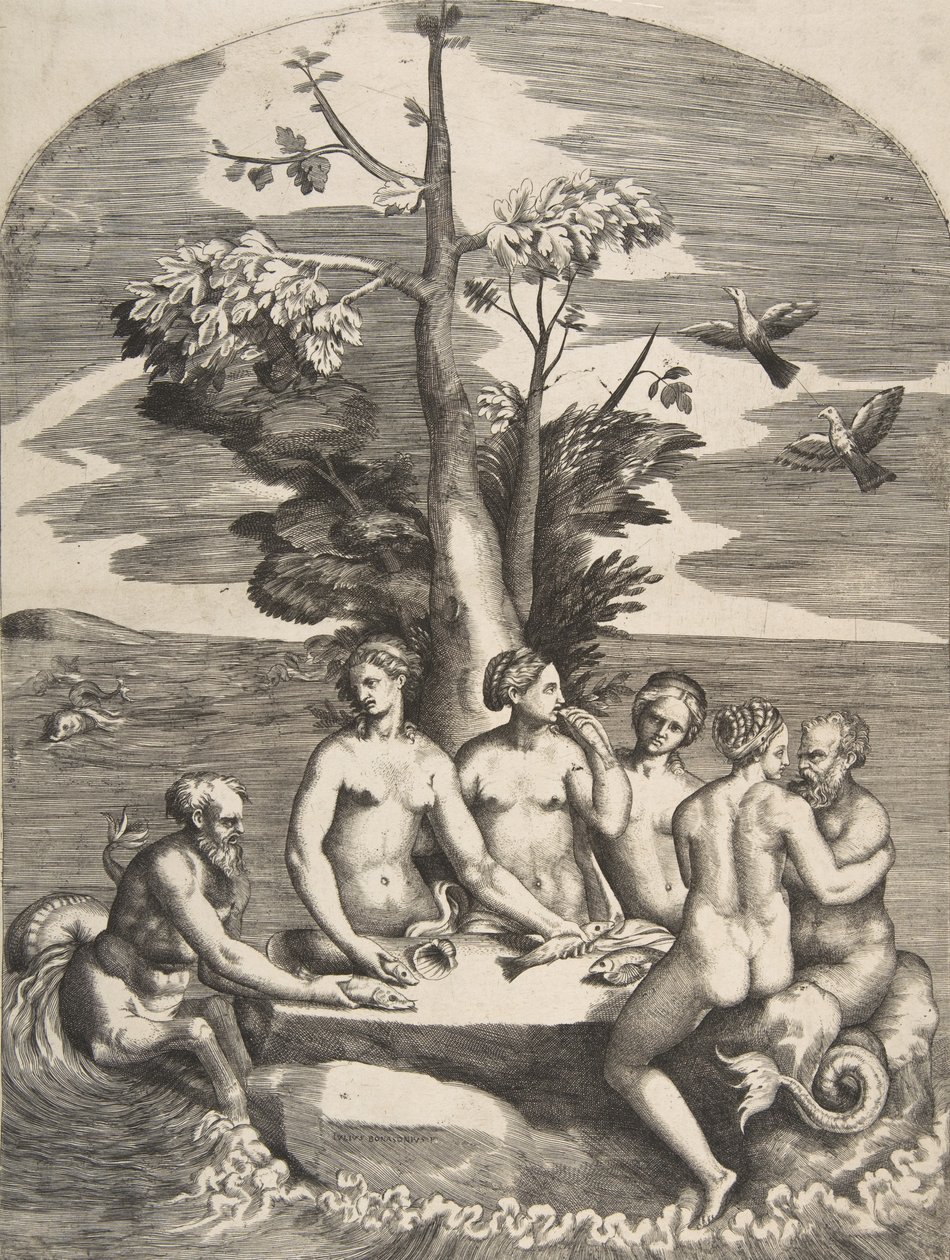 Zwei Meeresgötter begleitet von vier Nymphen, 1531-76 von Giulio Bonasone