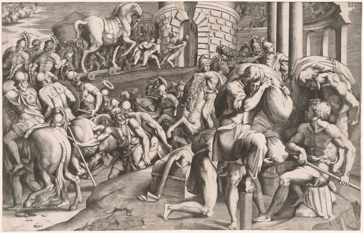 Die Trojaner ziehen das hölzerne Pferd nach Troja von Giulio Bonasone, after Francesco Primaticcio