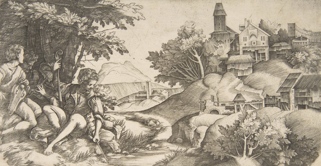 Links vier Hirten mit Musikinstrumenten unter einer Baumgruppe sitzend..., ca. 1517 von Giulio Campagnola