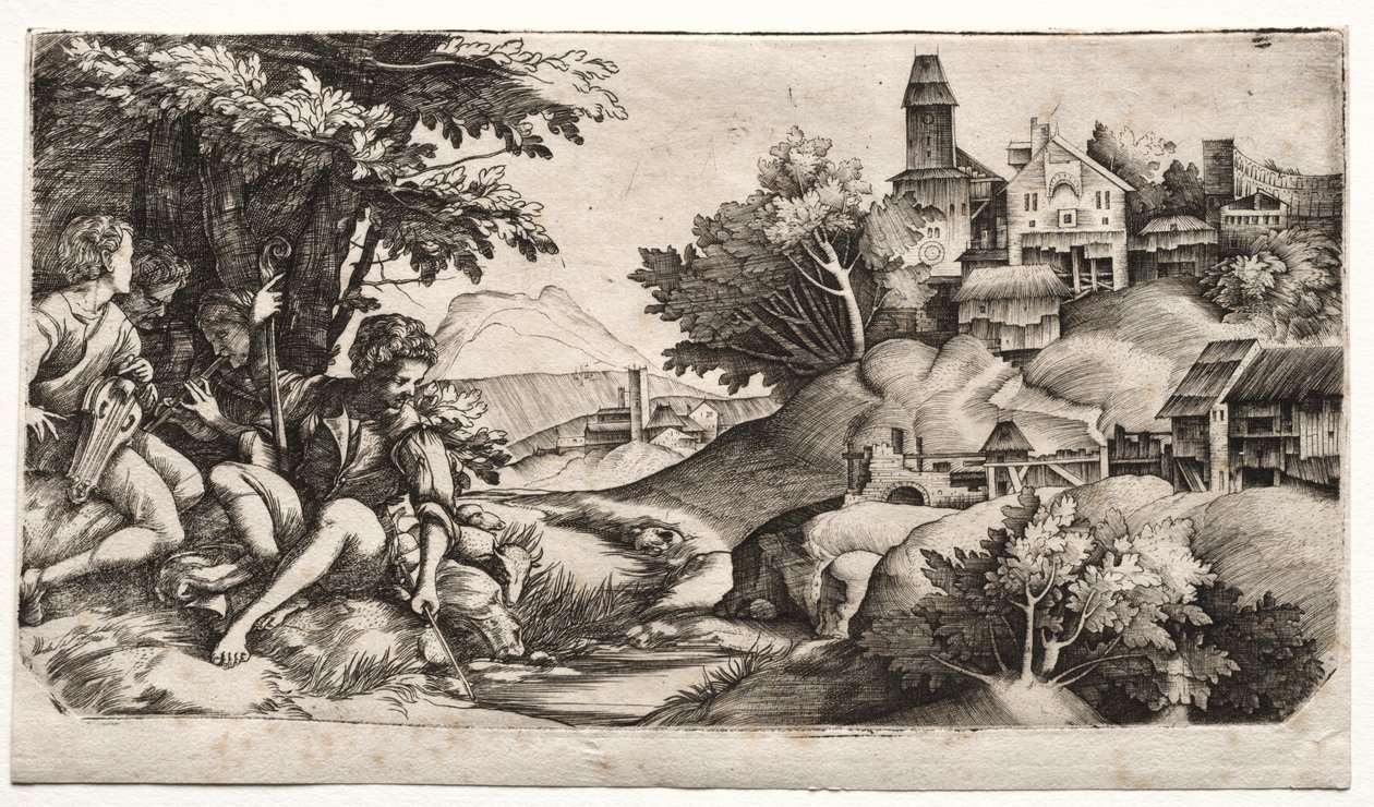 Hirten in einer Landschaft von Giulio Campagnola