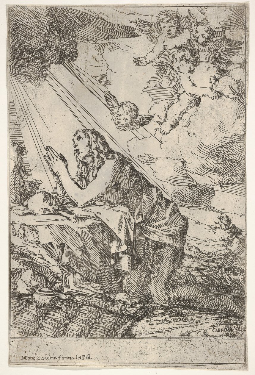 Die reuige Magdalena kniet auf felsigem Boden vor einem Schädel und Knochen, eine Salbe ..., ca. 1640-55 von Giulio Carpioni