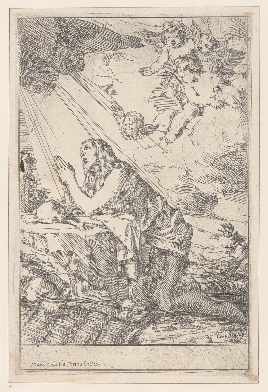 Die reuige Heilige Maria Magdalena, kniend vor einem Schädel und Knochen, 1640-60 von Giulio Carpioni