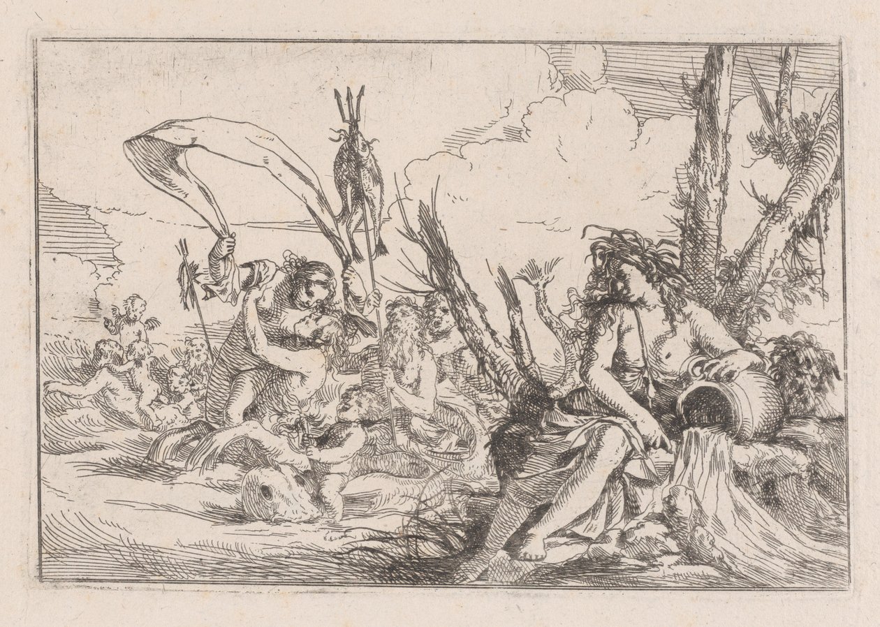 Wasser, dargestellt durch eine Najade, die am Fuße eines Baumes sitzt, 1640-60 von Giulio Carpioni