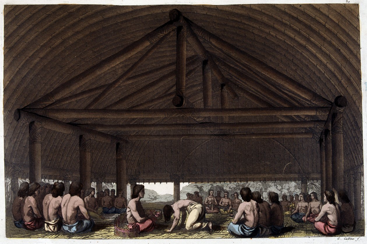 Auf der Insel der Freunde (Tonga), König Pulaho trinkt Kava - in Le costume ancien et moderne von Dr. Jules Ferrario, ed. Mailand von Giulio Ferrario