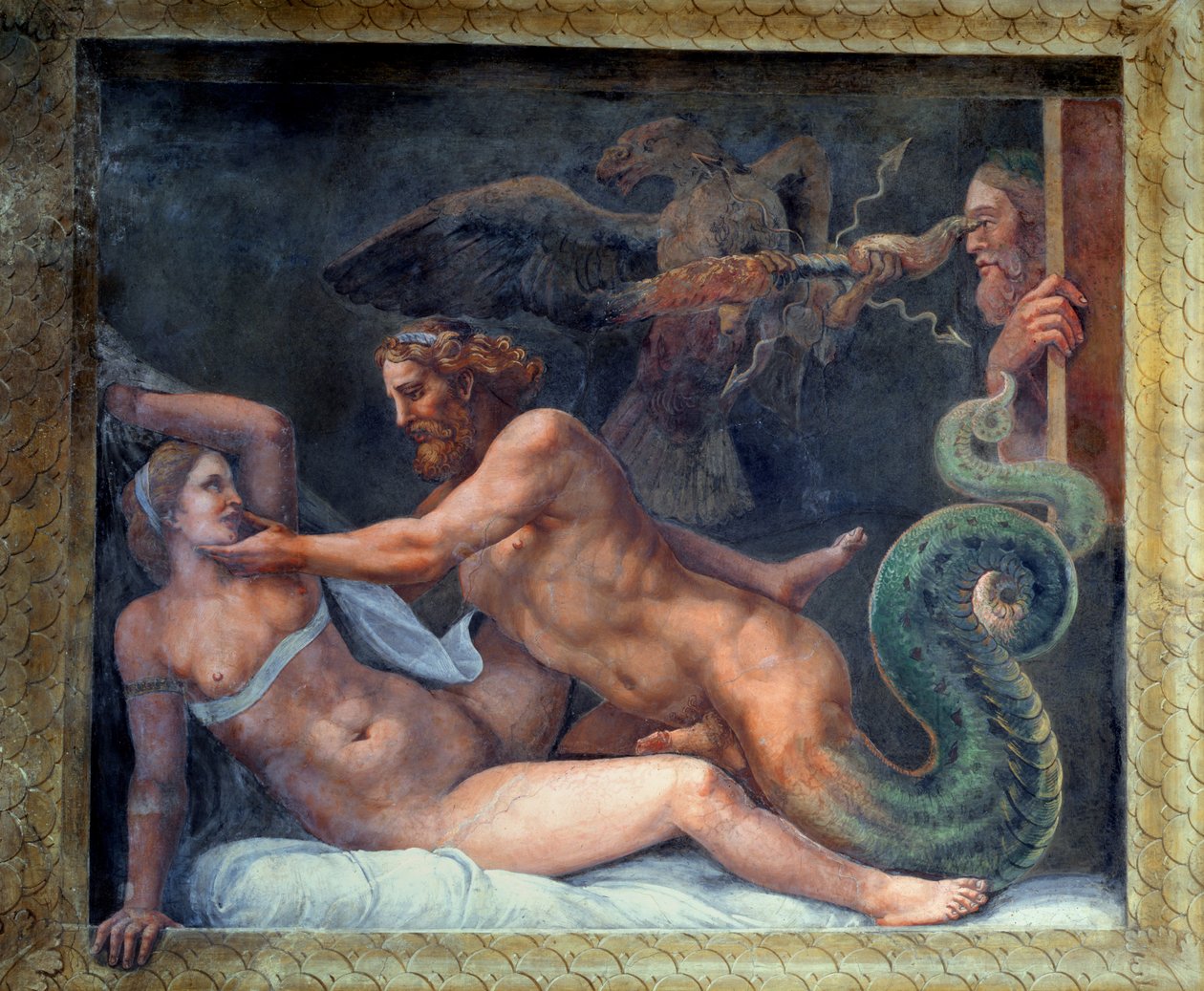Olympia wird von Jupiter verführt, dessen Blitz von einem Adler ergriffen wird, der das Auge des eifersüchtigen Königs von Makedonien durchbohrt, aus der Sala di Amore e Psiche, 1528 von Giulio Romano