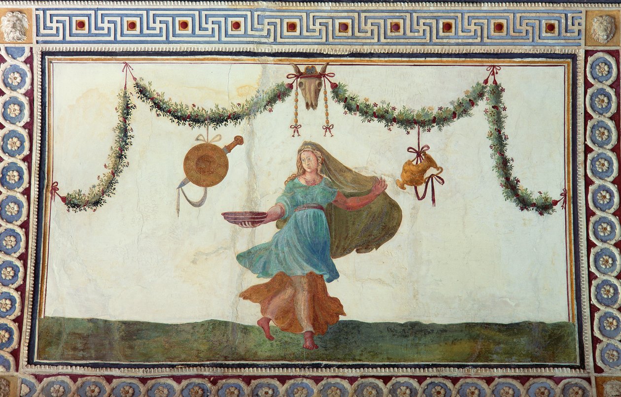 Die Camera con Fregio di Amorini (Detail der Decke mit einer Frau, die eine Schale hält) von Giulio Romano