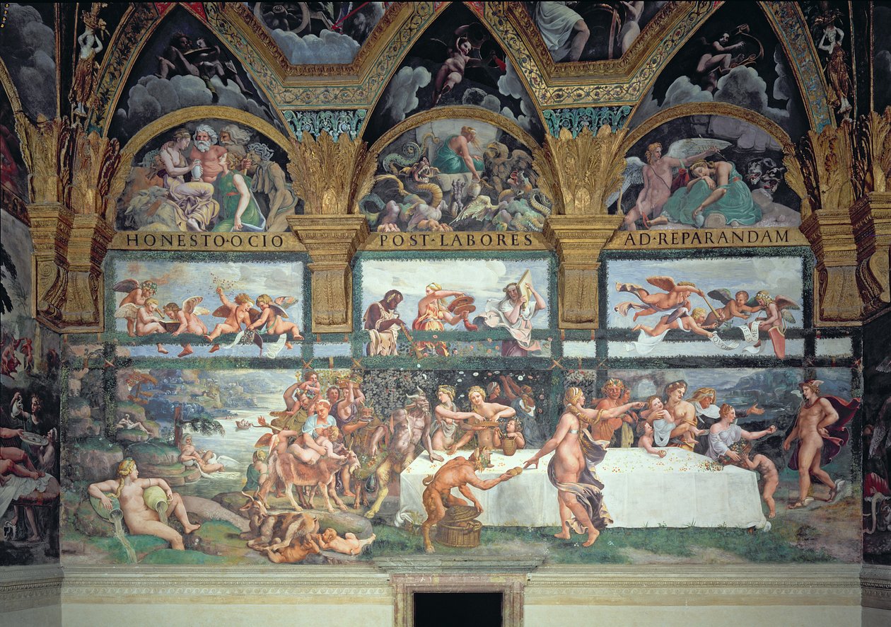 Das rustikale Bankett zur Feier der Hochzeit von Amor und Psyche, mit den drei Lünetten darüber, die eine von Psyches Prüfungen darstellen, um aus der Unterwelt ein Gefäß mit der Schönheit von Proser von Giulio Romano