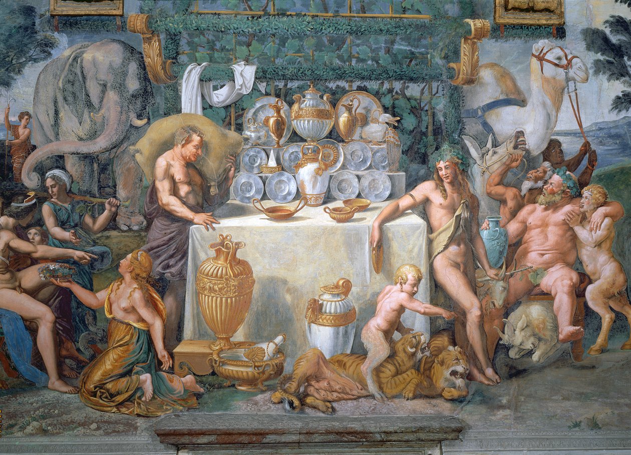 Das edle Bankett zur Feier der Hochzeit von Amor und Psyche, Detail zeigt Dionysius und Silenus rechts von einem Tisch mit dem Tafelservice, aus der Sala di Amore e Psiche, 1528 von Giulio Romano