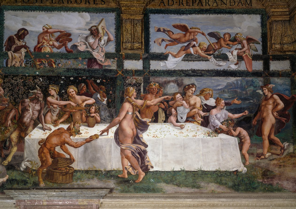 Hochzeitsfest oder Bankett der Götter, Fresko von Giulio Romano, Westwand der Kammer von Amor und Psyche, Palazzo Te, Mantua, Lombardei, Italien von Giulio Romano