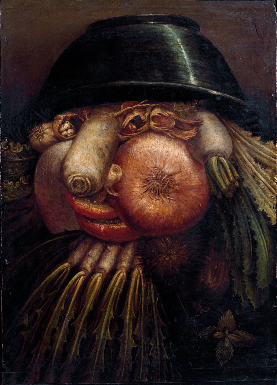 Porträt mit Gemüse (Der Gemüsehändler). Unter den dargestellten Gemüse- und Obstsorten: Nüsse, Rettich, Pilz, Knoblauch, Kastanie, Zwiebel, Salat, Haselnuss und Rübe. Gemälde von Giuseppe Arcimboldo (1527-1593) von Giuseppe Arcimboldo