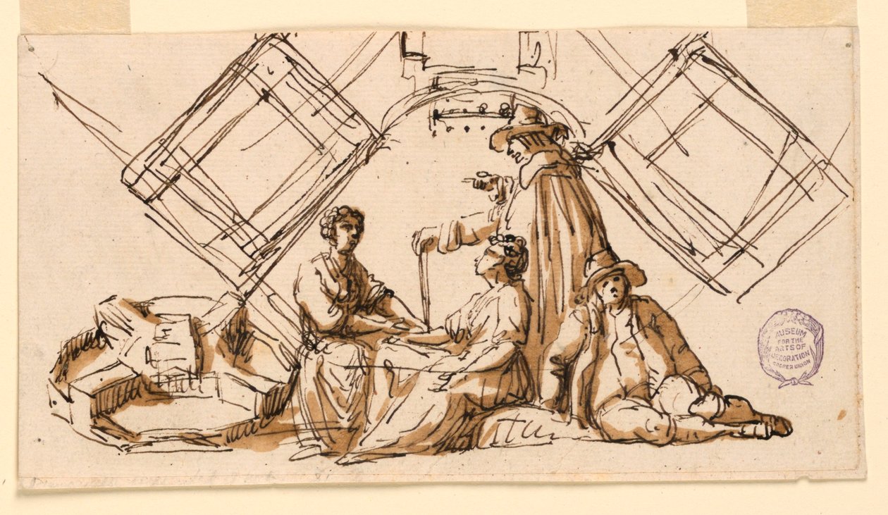 Teil eines Zeichenbuchblatts: Figuren und architektonische Pläne von Giuseppe Barberi