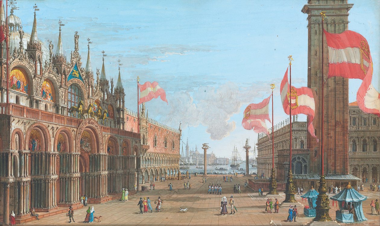 Blick auf den Markusplatz in Venedig mit dem Dogenpalast und dem Campanile, 1828 von Giuseppe Borsato