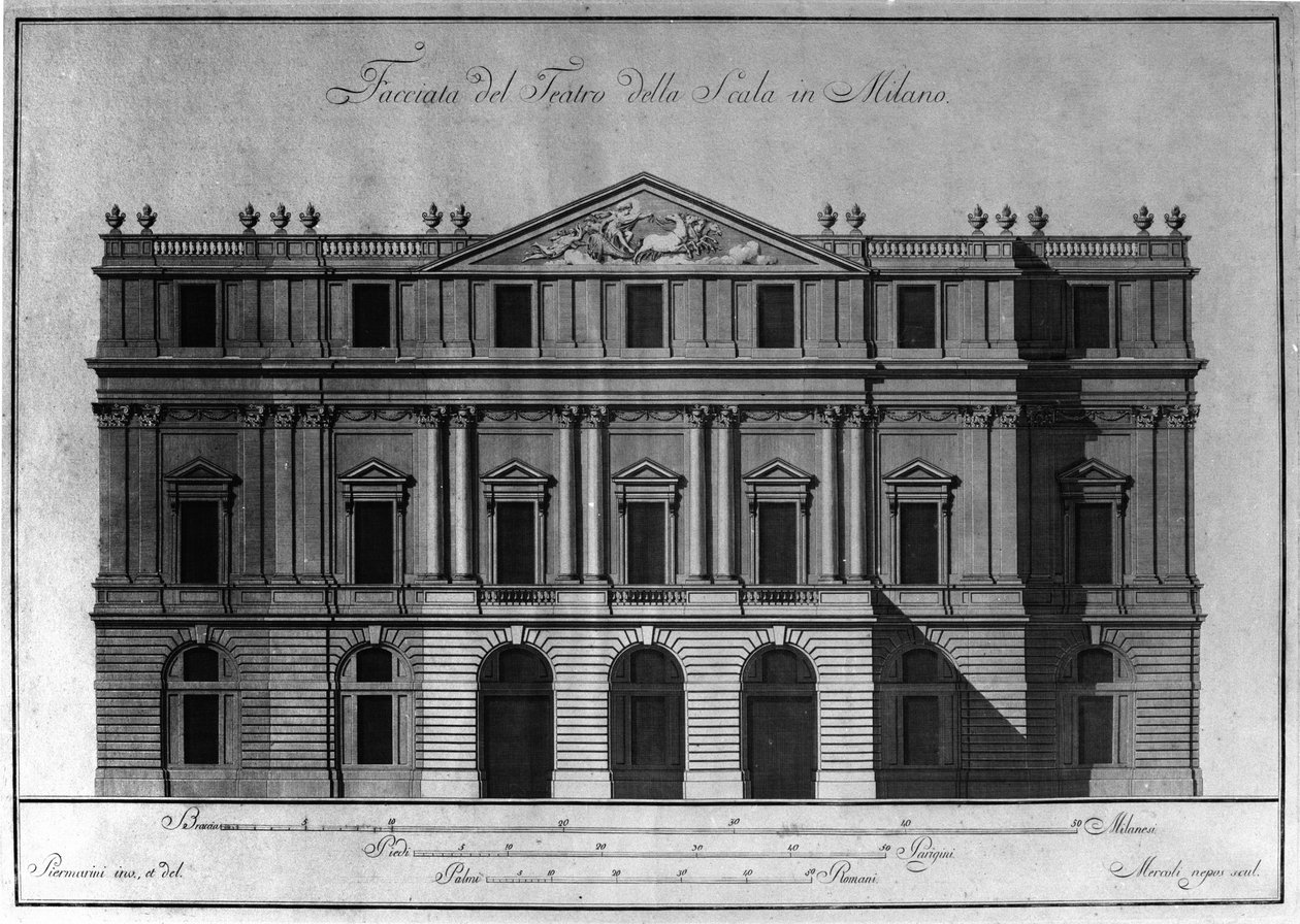 Zeichnung der Außenarchitektur der Fassade des Teatro alla Scala in Mailand, realisiert von Giuseppe Piermarini. von Giuseppe Piermarini