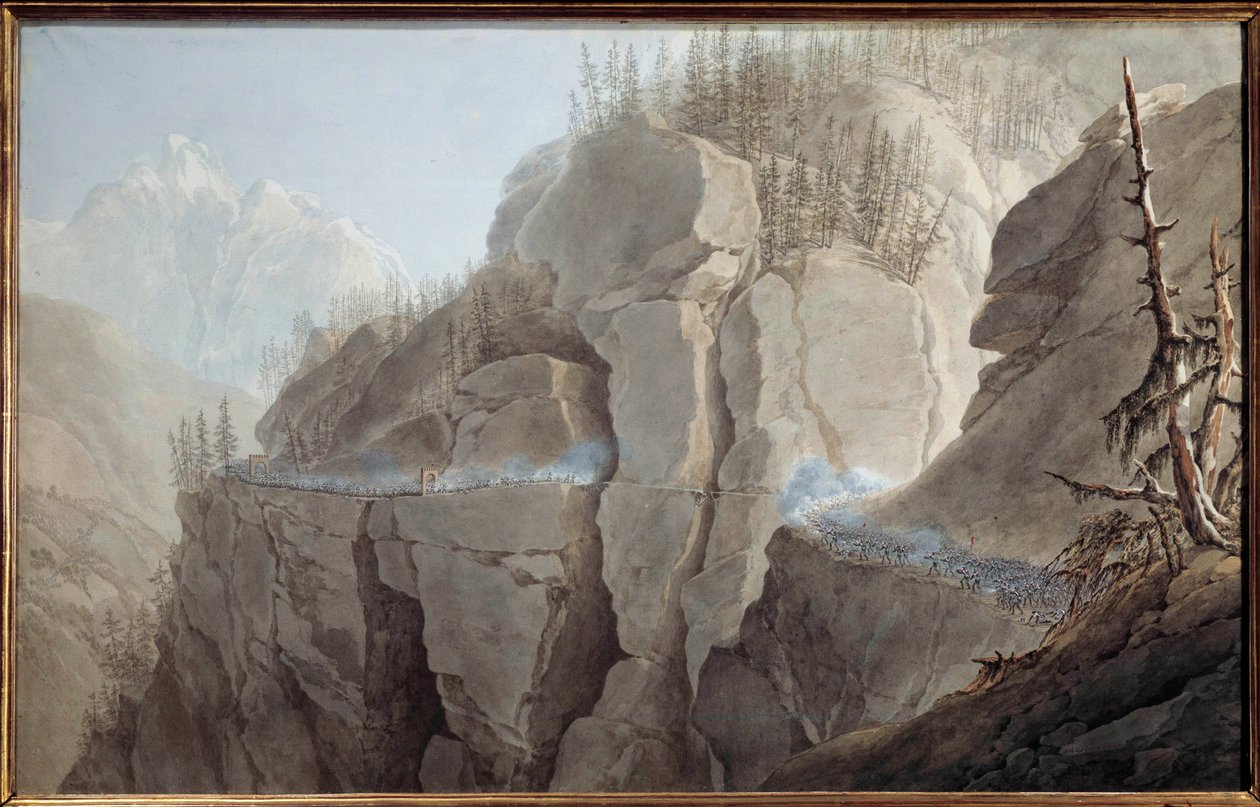 Erster Italienfeldzug (1796-1797): Die Franzosen der Armee von Napoleon Bonaparte (1769-1821) zwingen den Feind, die befestigte Schlucht von La Clusse (Cluse) im Aostatal am 21.05.1800 aufzugeben von Giuseppe Pietro Bagetti