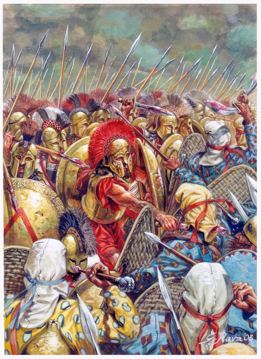 Schlacht bei den Thermopylen: Die spartanische Armee unter dem Kommando von Leonidas I. kämpft 480 v. Chr. gegen die Perser (Illustration von Giuseppe Rava) von Giuseppe Rava