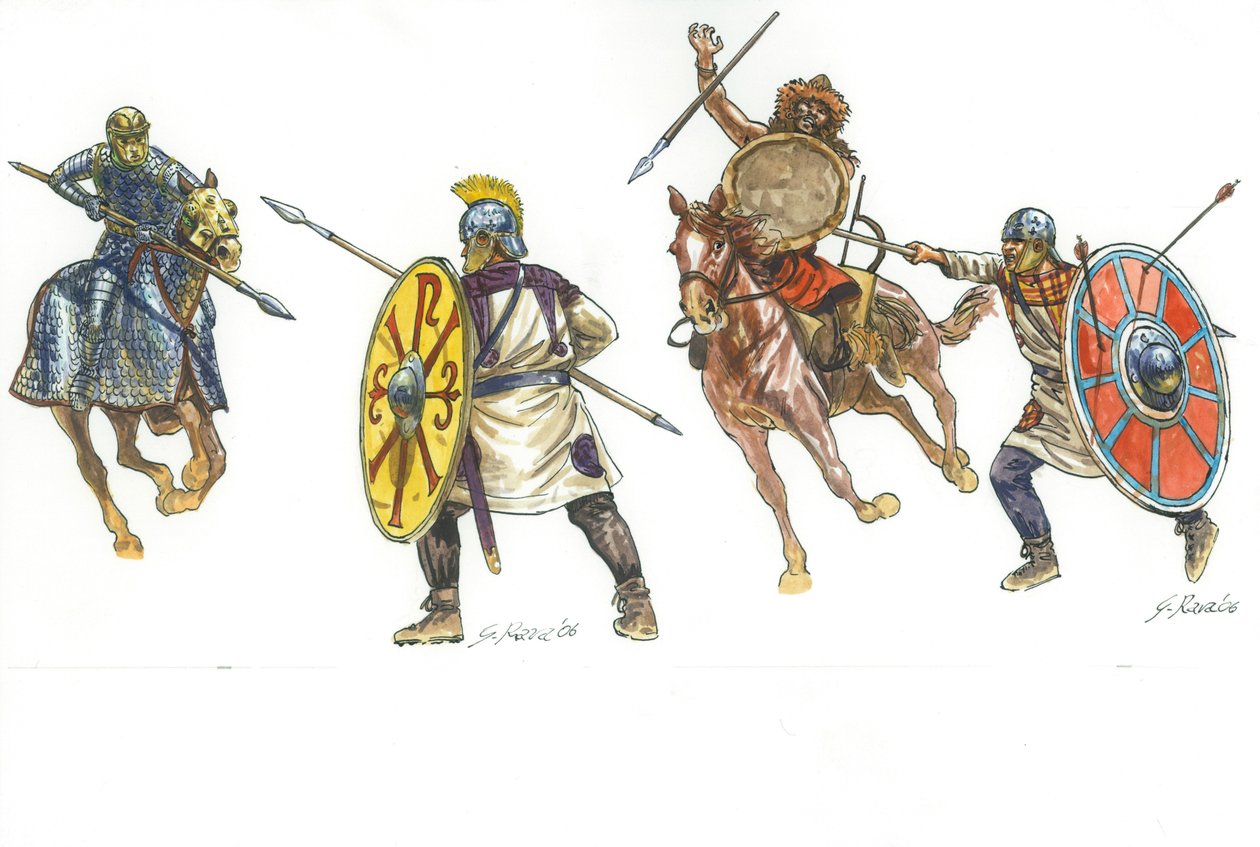 Kataphrakt kämpft gegen einen römischen Legionär und ein Hunnenkrieger von Giuseppe Rava