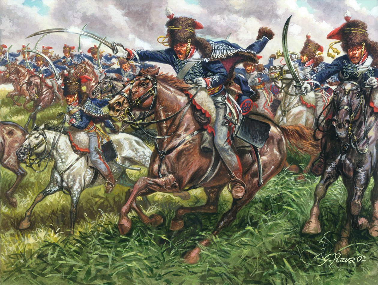 Erstes Kaiserreich: der Angriff des 15. Regiments der englischen Dragoner in der Schlacht von Waterloo am 18.06.1815 - Illustration von Giuseppe Rava von Giuseppe Rava