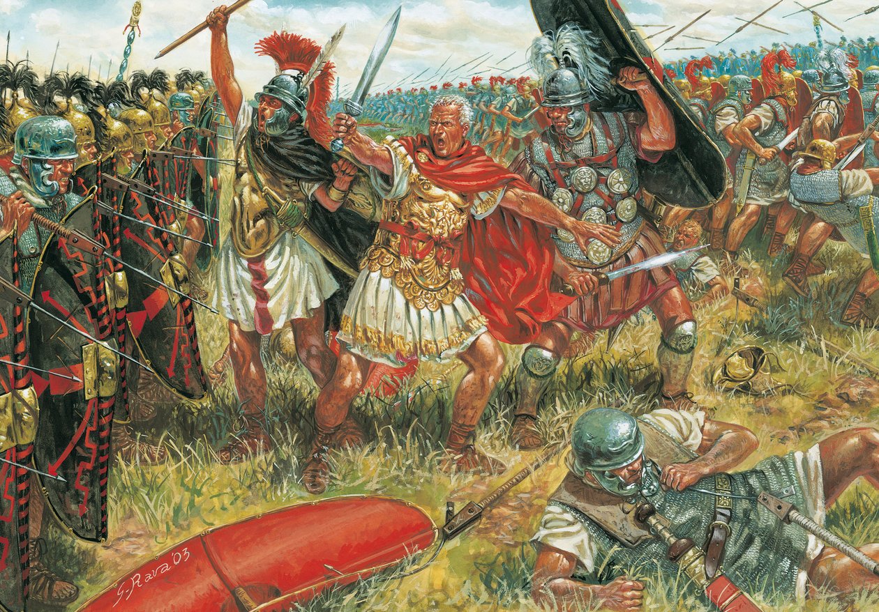 Römische Antike: Julius Caesar (100-44 v. Chr.) gewinnt die Schlacht von Munda am 17. März 45 v. Chr. in Südspanien gegen die Anhänger der Republik (Illustration von Giuseppe Rava) von Giuseppe Rava