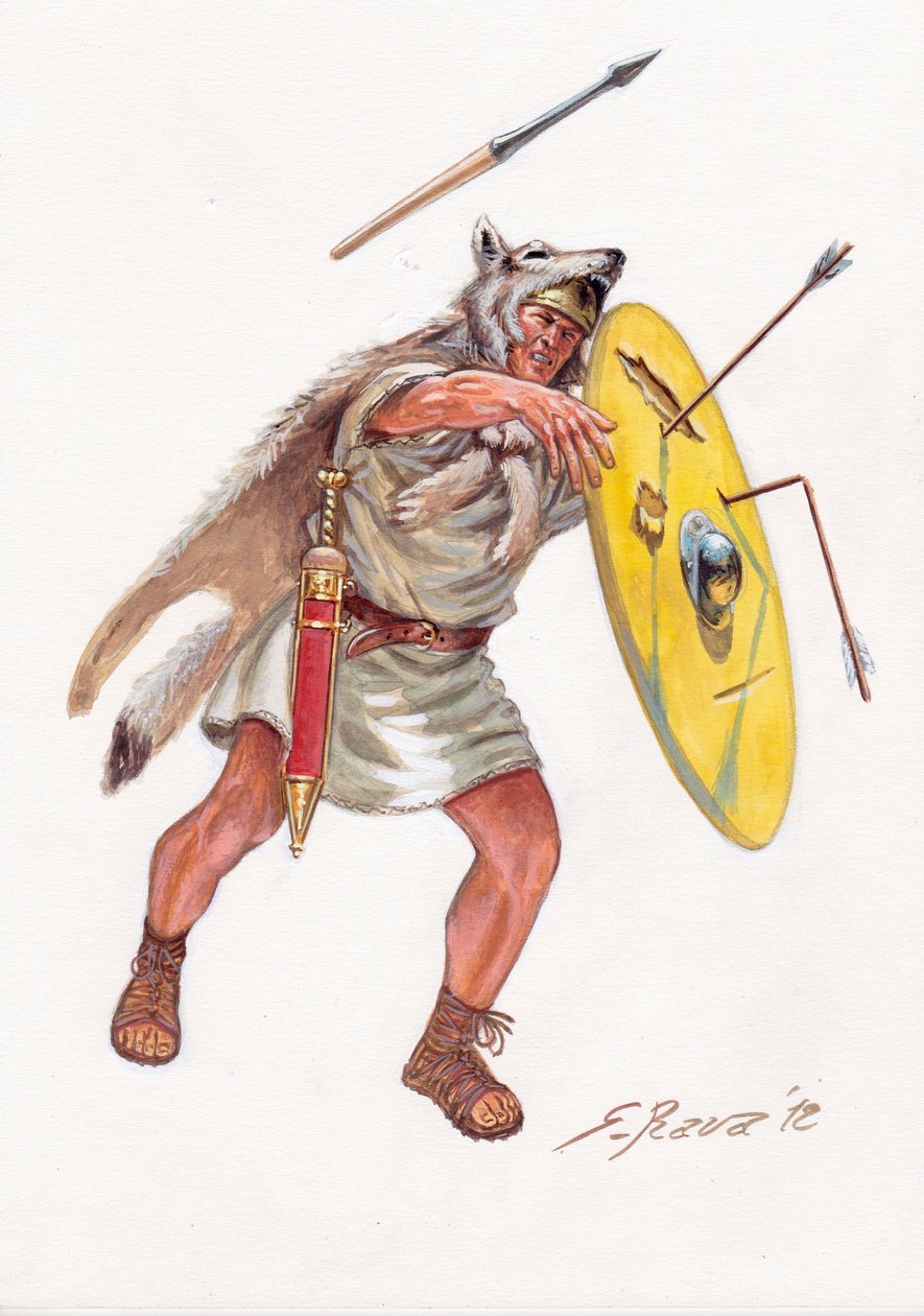 Römische Antike (Republik): Velit (Leichtinfanterist der armen Jahrhunderte) der römischen Armee - Veliten der römischen Republik - Illustration von Giuseppe Rava von Giuseppe Rava