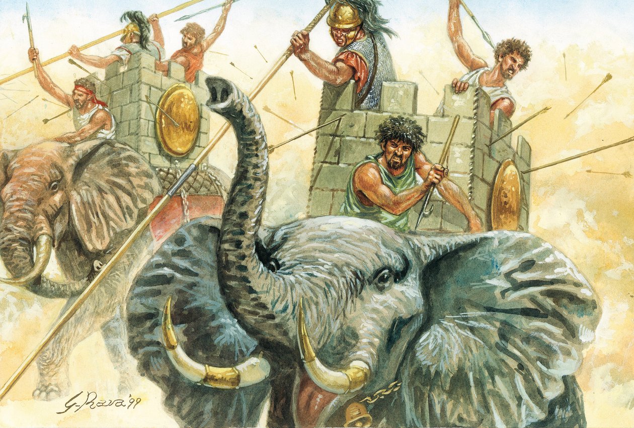 Römische Antike: Die Elefanten Hannibals - Darstellung der Elefanten, die General Hannibal (247-183 v. Chr.) 218 v. Chr. während des Zweiten Punischen Krieges die Alpenüberquerung ermöglichten - Illustration von Giuseppe Rava von Giuseppe Rava
