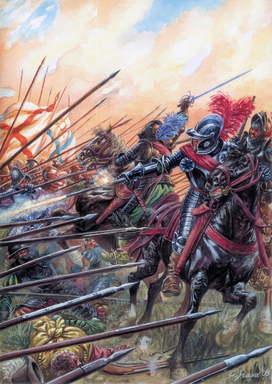 Religionskriege: Die Schlacht von Ivry am 14.03.1590 sah den Sieg der königlichen Armee gegen die Katholische Liga - Illustration von Giuseppe Rava von Giuseppe Rava