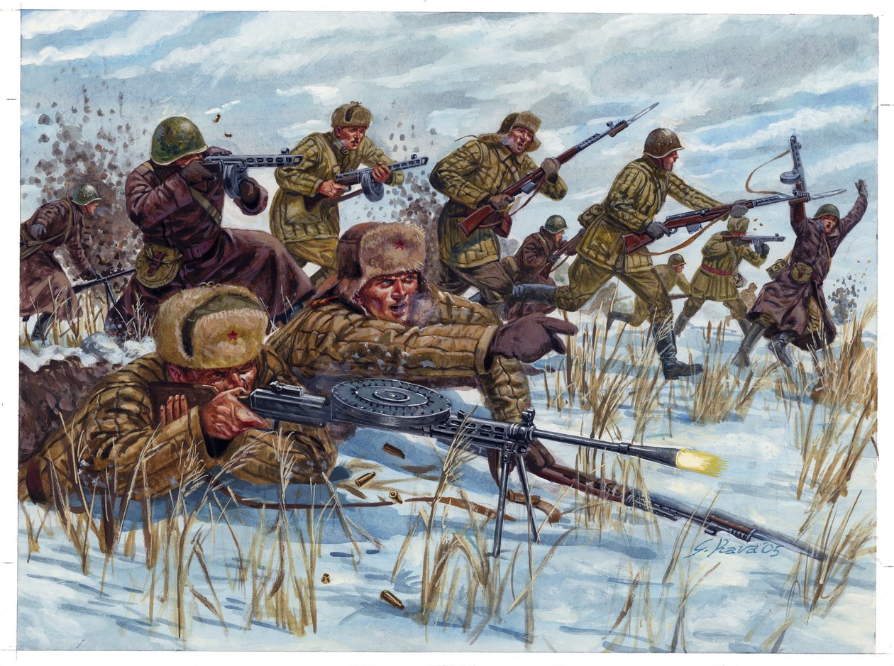 Zweiter Weltkrieg: Russische Infanteriesoldaten rücken auf dem Schlachtfeld vor - Illustration von Giuseppe Rava von Giuseppe Rava