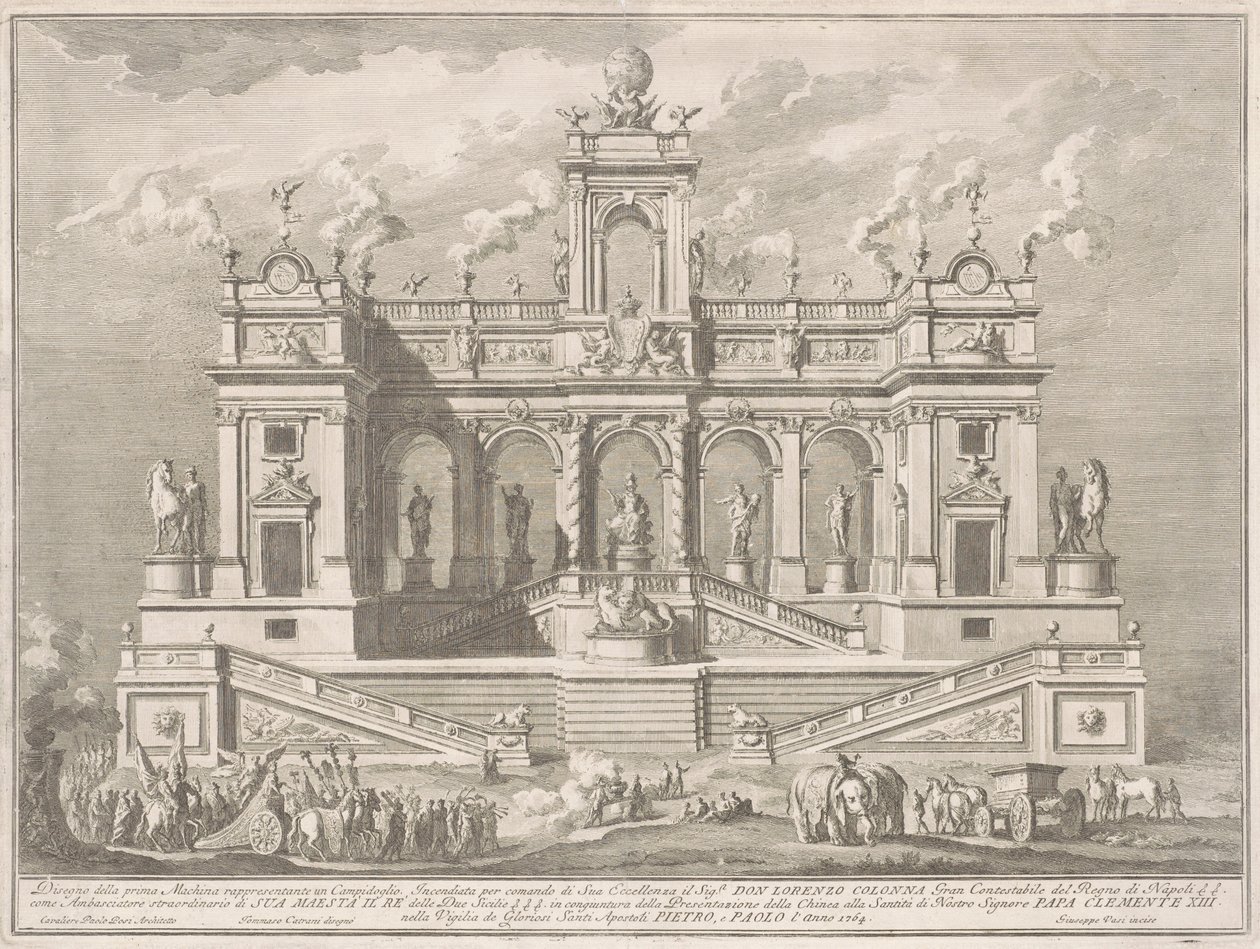 Die Prima Macchina für die Chinea von 1764: Ein Kapitolgebäude von Giuseppe Vasi, after Tommaso Catrani, after Paolo Posi
