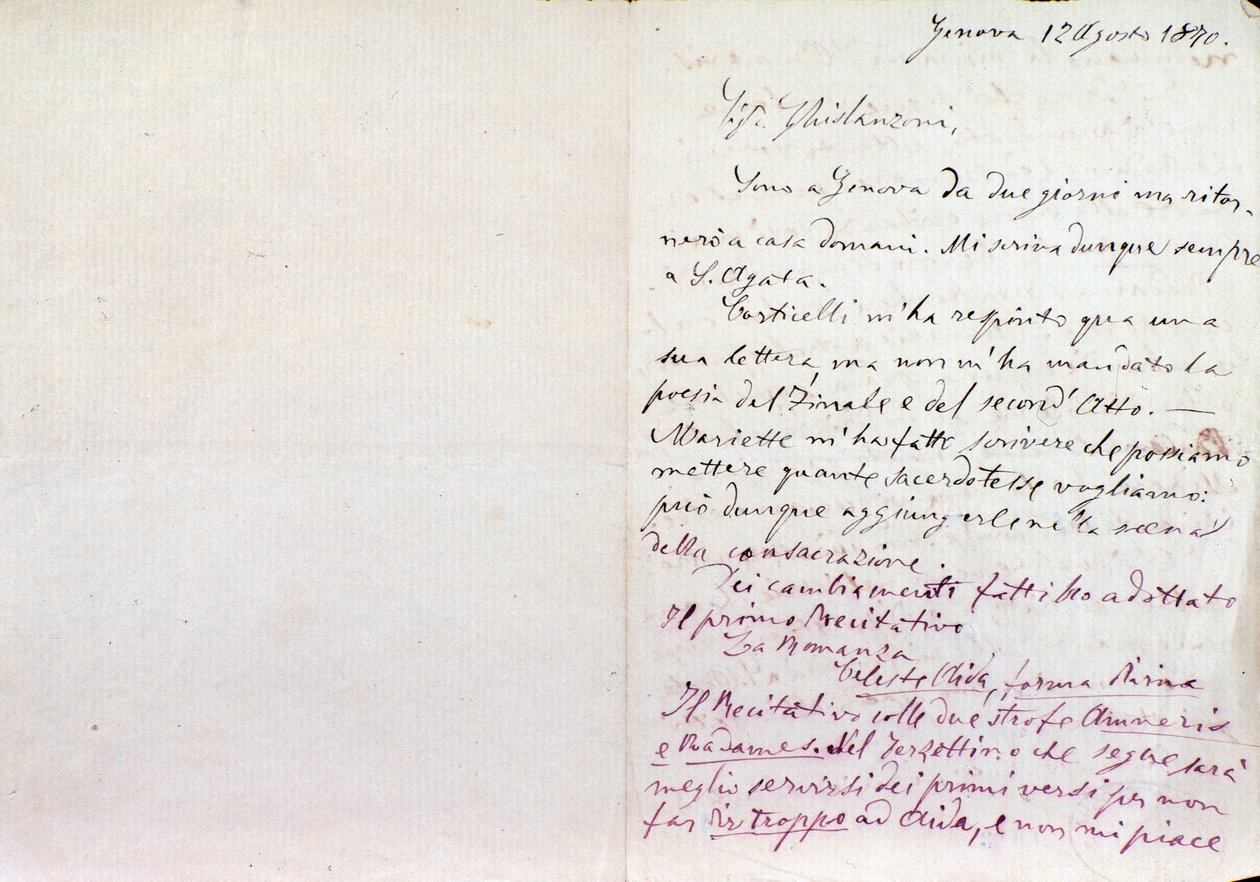 Handgeschriebener Brief von Giuseppe Verdi an den Autor des Aida-Librettos Antonio Ghislanzoni von Giuseppe Verdi