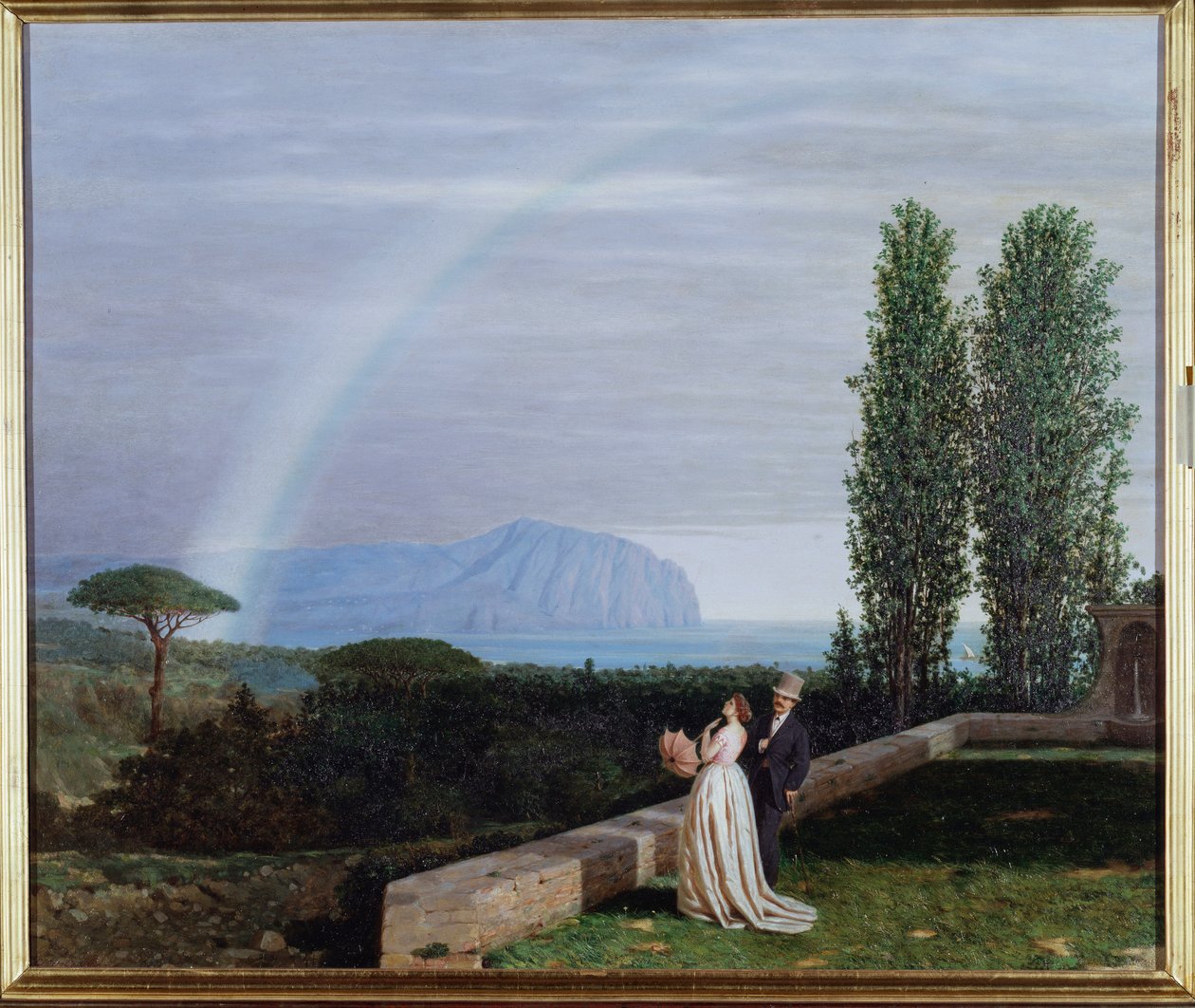 Landschaft bei Genua, ein Paar betrachtet einen Regenbogen von Giuseppe delle Piane