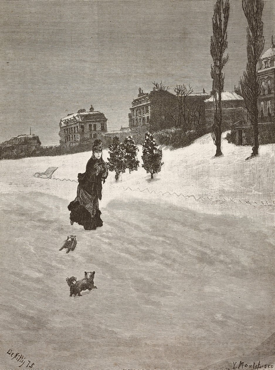Es ist kalt!, Frau geht im Schnee, Gravur nach einem Gemälde von Giuseppe De Nittis, Zeichnung von Montefusco, L