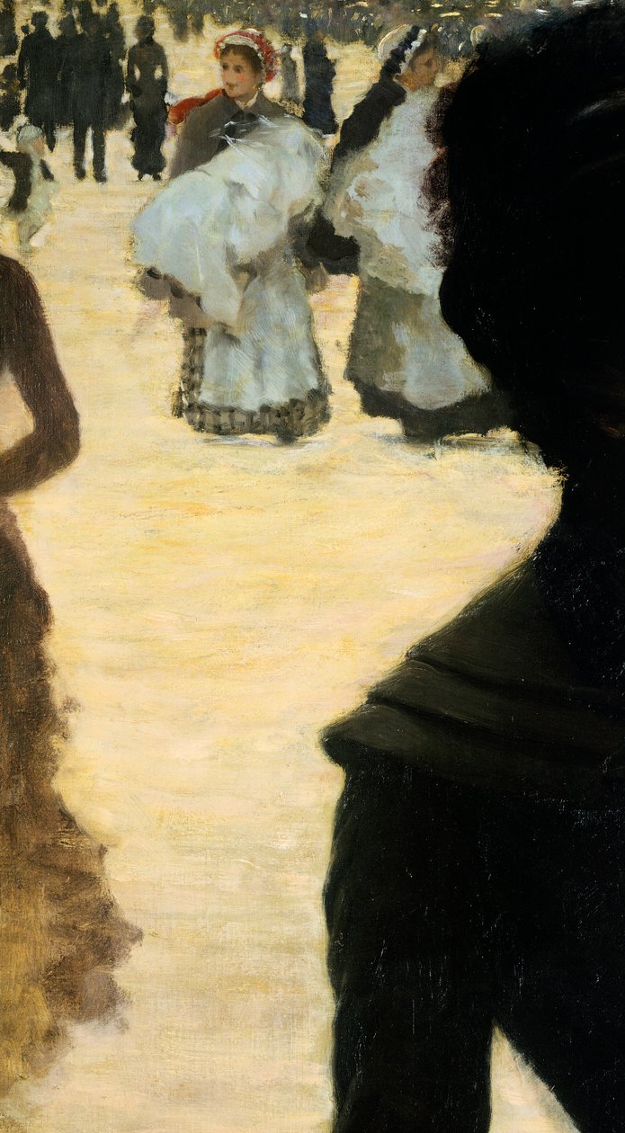 Rückkehr aus dem Bois de Boulogne, Dame mit Hund (Detail) von Giuseppe or Joseph de Nittis