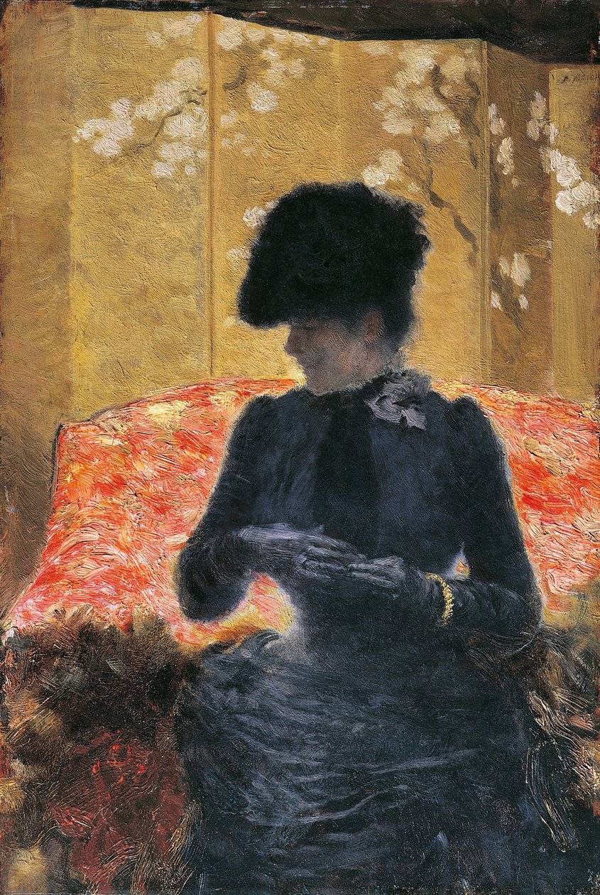 Frau auf rotem Sofa von Giuseppe or Joseph de Nittis