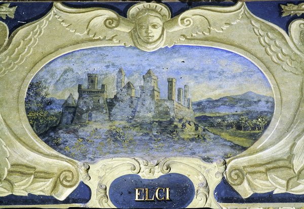 Elci, aus einer Serie von Kartuschen mit Bildern der Residenzen von Conte Pannochieschi d