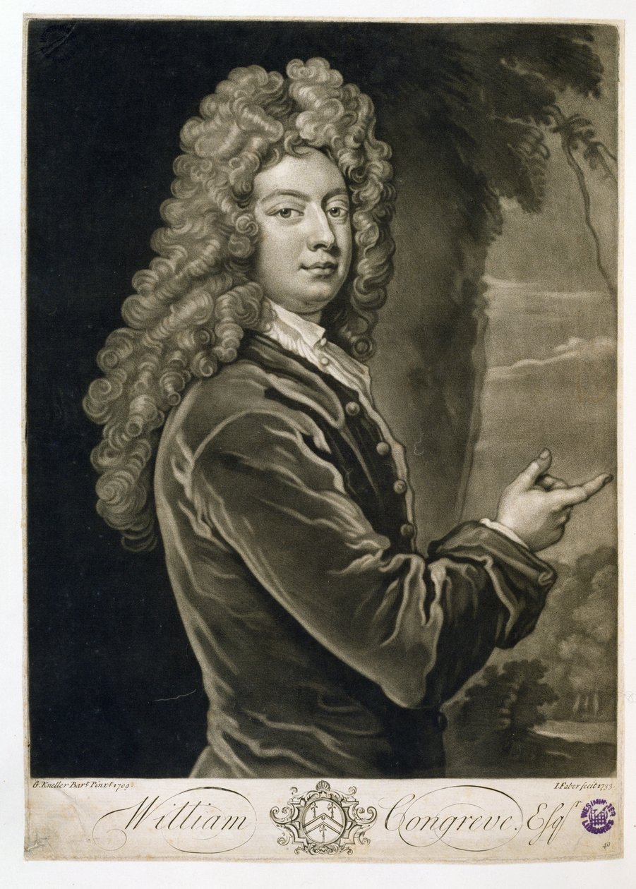 William Congreve (1670-1729), graviert von John Faber (1684-1756), 1733 von Godfrey Kneller