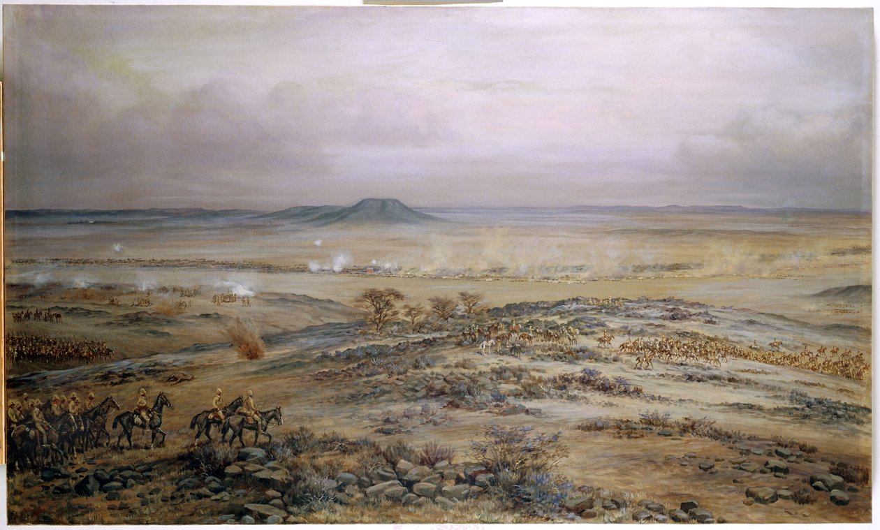 Der Angriff auf Cronjes Truppen bei Vedute Drift nahe Paardeberg, 1900 von Godfrey Douglas Giles