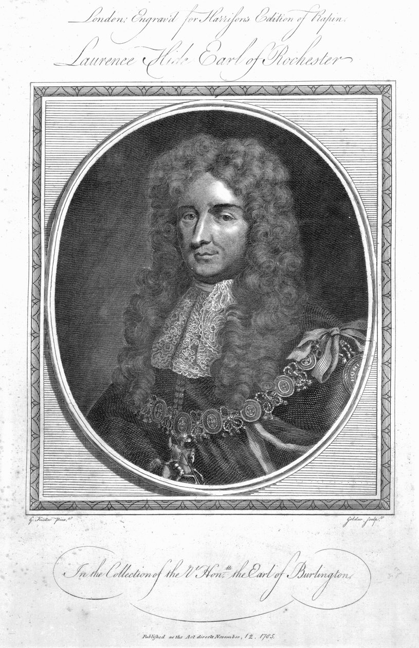Laurence Hyde, 1. Earl of Rochester, graviert von John Goldar, 1785 von Godfrey Kneller