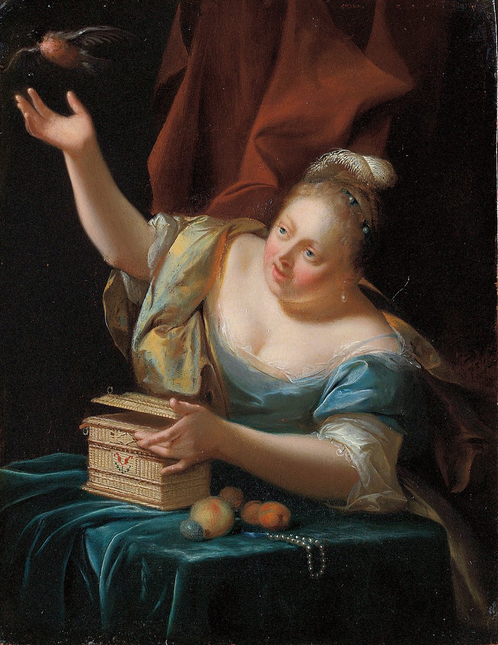 Eine Frau, die in einem fantasievollen Kostüm an einem Tisch sitzt und einen Singvogel aus seinem Käfig befreit von Godfried Schalcken