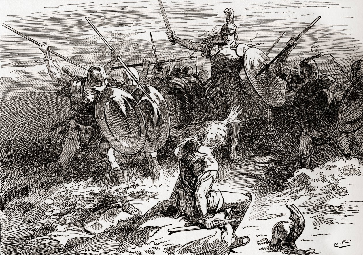 Szene aus William Shakespeares Stück Troilus und Cressida, Akt V, Szene 10, Achilles: Schlagt, Kameraden, schlagt, das ist der Mann, den ich suche, aus Die Werke von William Shakespeare, veröffentlicht 1896 von Gordon Frederick Browne