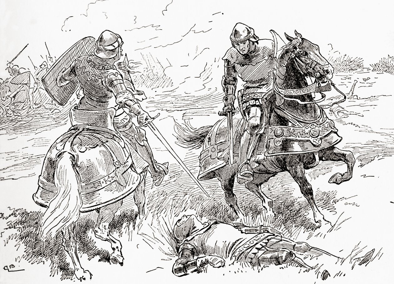 Szene aus William Shakespeares Stück König Heinrich IV., Teil 1, Akt V, Szene 3, Earl of Douglas: Alles ist getan, alles ist gewonnen, hier liegt der König atemlos, aus Die Werke von William Shakespeare, veröffentlicht 1896 von Gordon Frederick Browne
