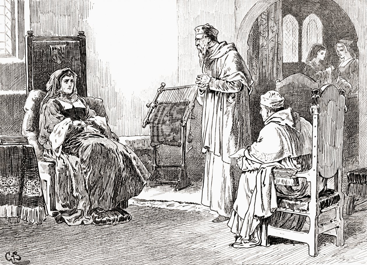 Szene aus William Shakespeares Stück König Heinrich VIII., Akt III, Szene 1, Königin Katharina: Tut, was ihr wollt, meine Herren, und verzeiht mir, wenn ich mich unhöflich benommen habe, aus Die Werke von William Shakespeare, veröffentlicht 1896 von Gordon Frederick Browne