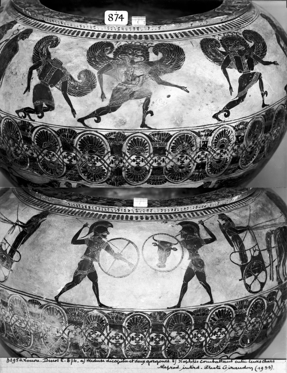 Dinos, der (oben) die Enthauptung der Medusa und (unten) kämpfende Hopliten zeigt, ca. 580 v. Chr. von Gorgon Painter