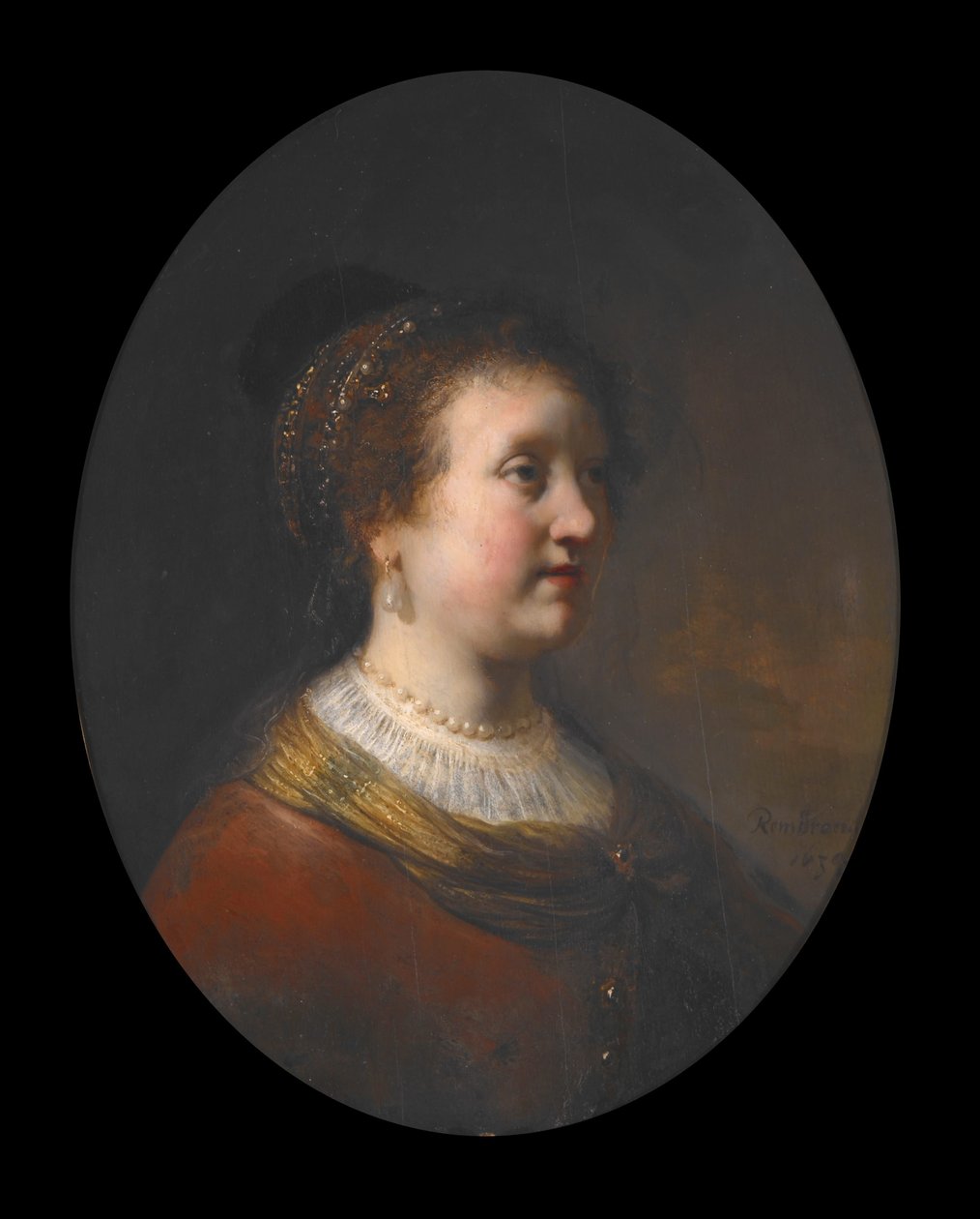 Frau in rotem Kleid und Perlen von Govaert Flinck
